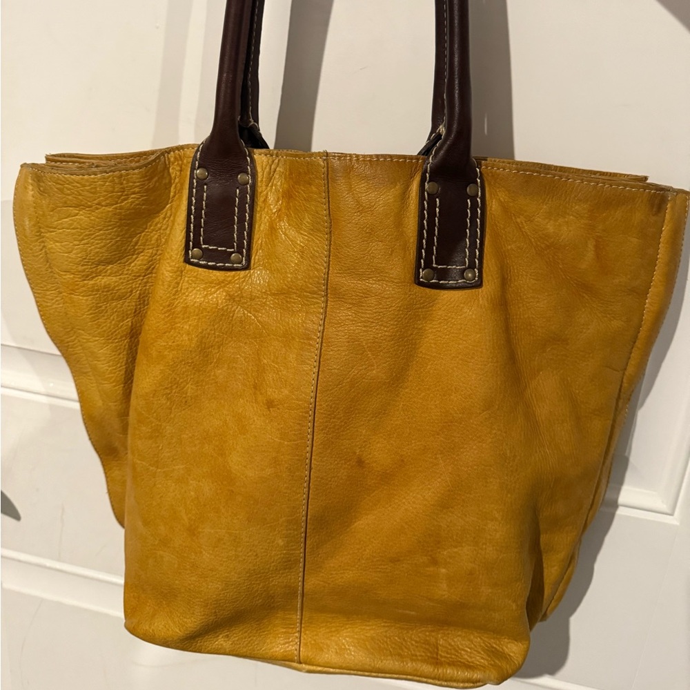 Italian Yellow Leather Tote with Brown Accents